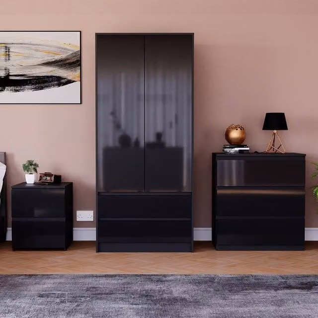 Vida Designs Glinton 3 Piece Modern Glossy Black Bedroom Set including Wardrobe, Chest of Drawers and 2 Drawer Bedside Chest
