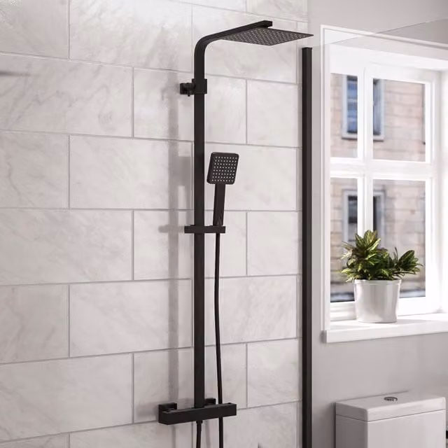 Nes Home Modern Square Matte Black Exposed Thermostatic Mixer Shower Set with Overhead and Hand Shower
