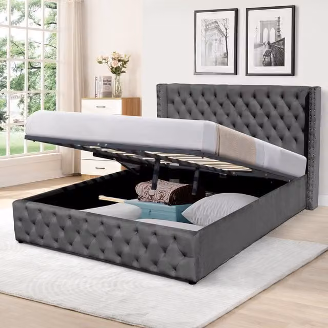 Comfy Living Winged Velvet Storage Bed Frame with Headboard in Silver Grey, W/D/H: 90 x 190 cm