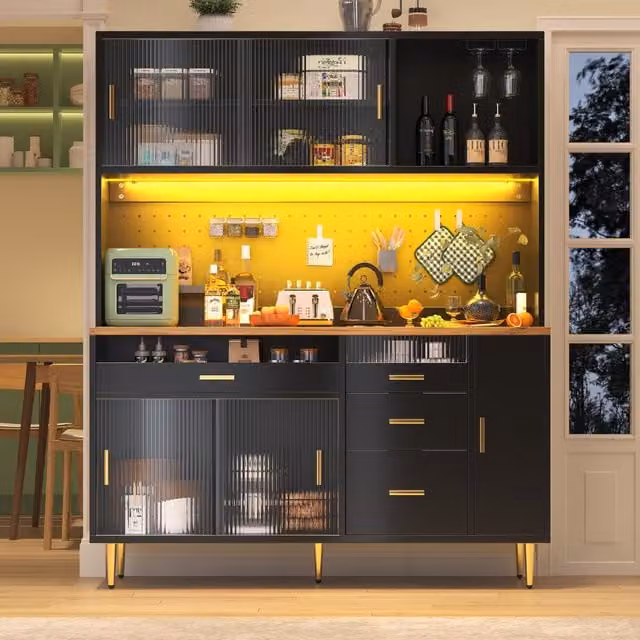 Aosom UK Modern Black Highboard with App-Controlled LED Lighting and Sliding Glass Doors, W/D/H: 39 x 39 x 171 cm