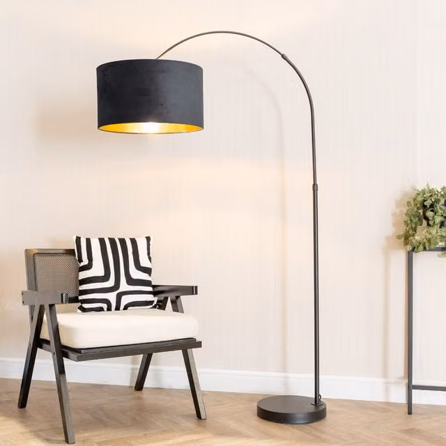 ValueLights Louis Black Arched Floor Lamp with Black Velvet and Gold Inner Shade and Warm White Bulb