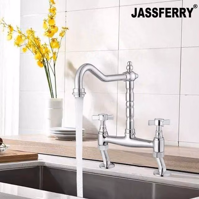 JASSFERRY Classic Bridge Mixer Tap with Two Crosshead Handles in Silver Chrome