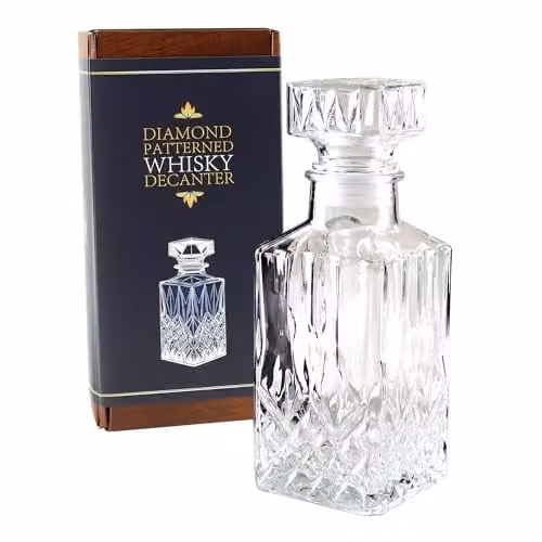 Kimm & Miller Classic Glass Whisky Decanter with Stopper, Transparent Geometric Cut Glass, 0.9 l