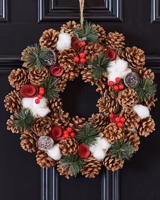 Dibor Pinecone and Roses Christmas Wreath in Red and Green, Diameter: 36 cm