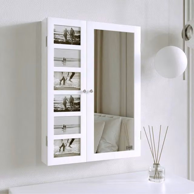 CARME White Wall Mounted Modern Mirror Cabinet with LED Lighting and Internal Shelves and Drawers