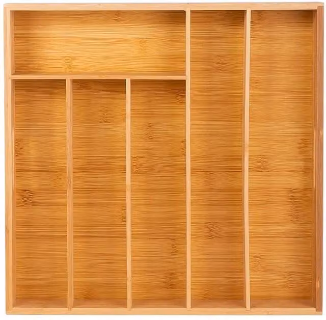 VOGREX 6 Compartment Bamboo Kitchen Cutlery Drawer Organiser, Beige