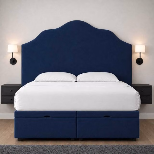 K Mehmood Enterprise Ltd Luxury Blue Velvet Upholstered Gas Lift Storage Bed with Headboard, 140 x 200 cm
