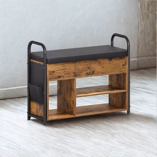 Pirlo Plush Brown Shoe Storage Bench with Cushioned Seat and Open Shelves
