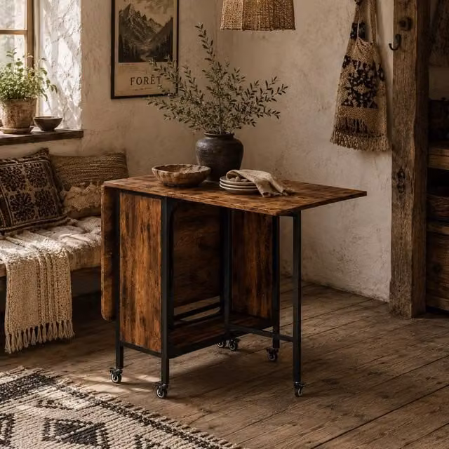Wyld Haus Nilanana Rustic Brown and Black Drop Leaf Dining Table, Seats 6