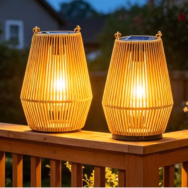Gr8 Garden Set of 2 Solar LED Rattan Effect Hanging Lanterns in Brown with Warm White Light and Dusk Sensor IP44