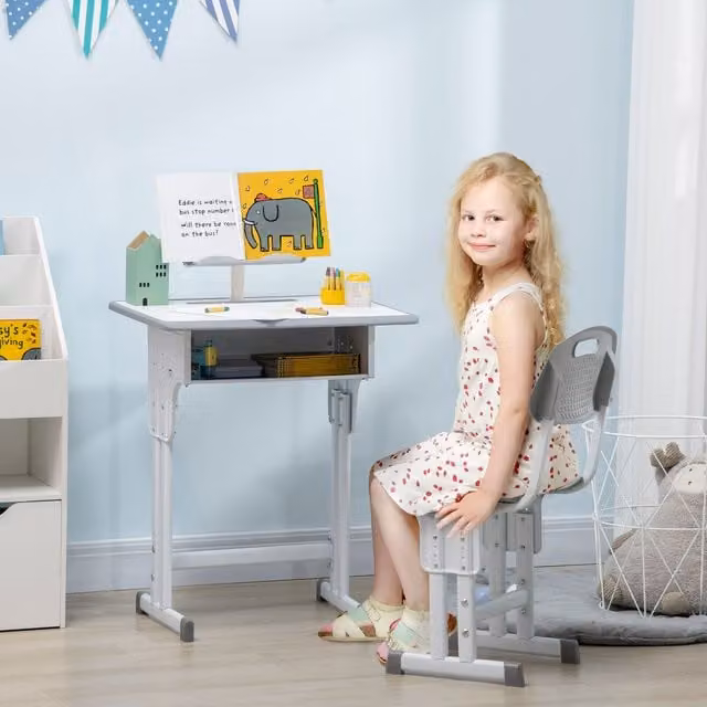 HOMCOM Height Adjustable Kids Desk and Chair Set in Grey