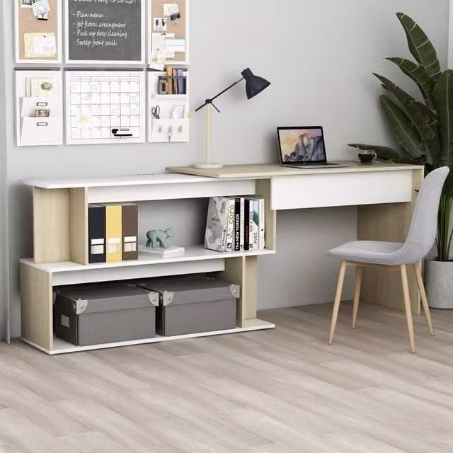 Berkfield Home Corner Desk in White and Sonoma Oak, W/D/H: 200 x 50 x 76 cm