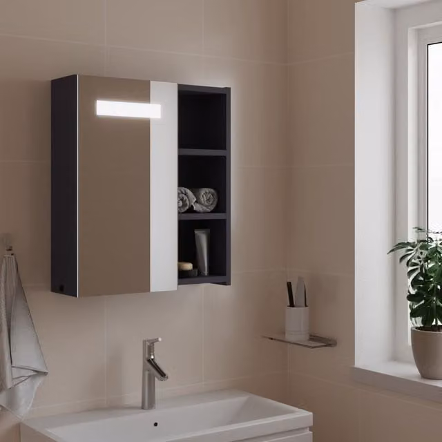 Berkfield Home Grey Glossy LED Bathroom Mirror Cabinet, W/D/H: 45 x 13 x 52 cm
