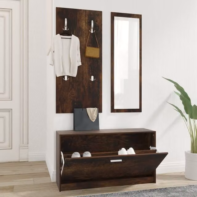 Berkfield Home 3-in-1 Shoe Cabinet Set with Mirror and Wall Rack in Smoked Oak Brown