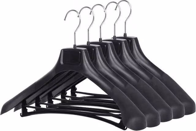 PAWNORA Set of 5 Broad Black Plastic Suit Hangers with Clips and Bar