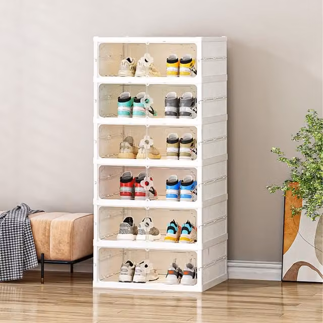 Livingandhome 6-Tier Foldable Shoe Rack with Glass Doors, White, W/D/H: 110 x 1 x 110 cm