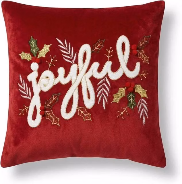 Luxury Living Red Velvet Joyful Christmas Embroidered Cushion with Hollow Fibre Pad, W/D/H: 45 x 45 x 45 cm