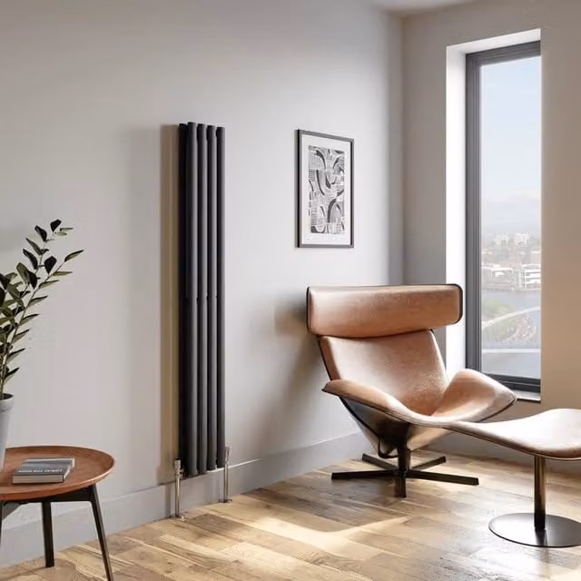 Temprazo Vertical Oval Tube Double Panel Designer Radiator in Anthracite Grey, H: 160 cm, W: 36 cm, D: 7.9 cm
