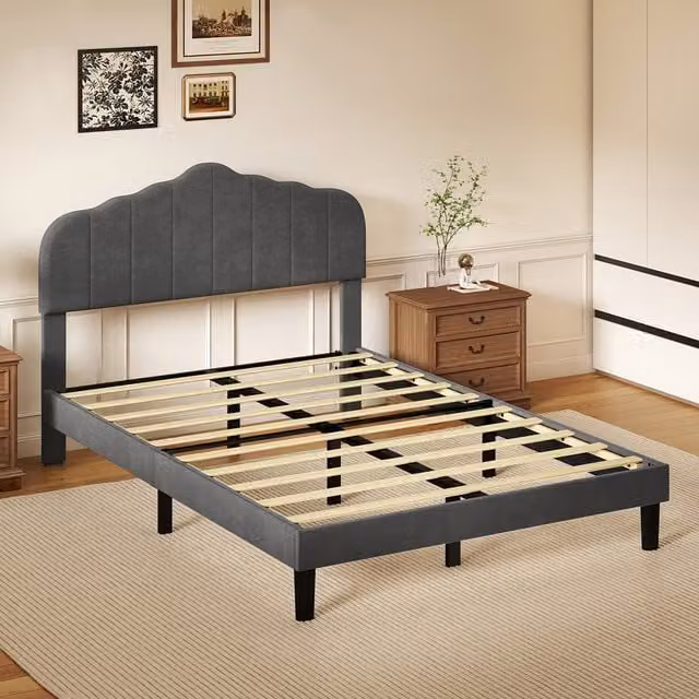 Levede Upholstered Striped Fabric Bed Frame with Modern Scalloped Headboard in Black or Grey, W/D/H: 140 x 200 x 106 cm