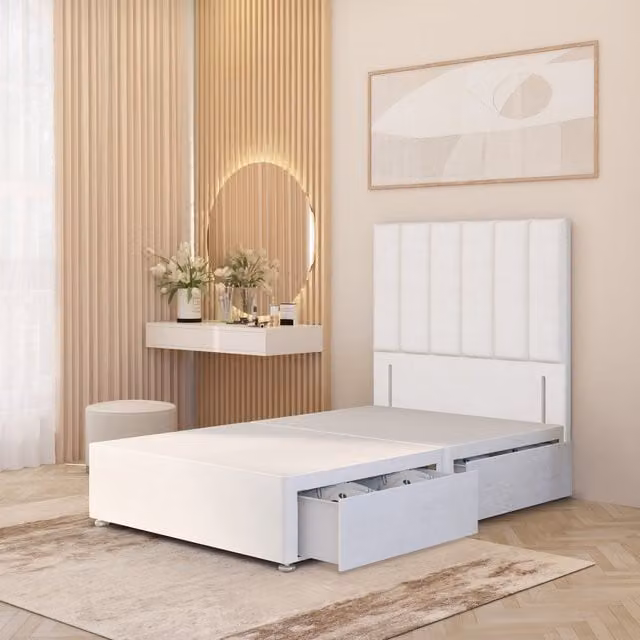 Somnior Beds Ltd Austin White Velvet Upholstered Divan Bed Base with Drawers and Headboard W/D/H: 200 x 137 x 34.5 cm