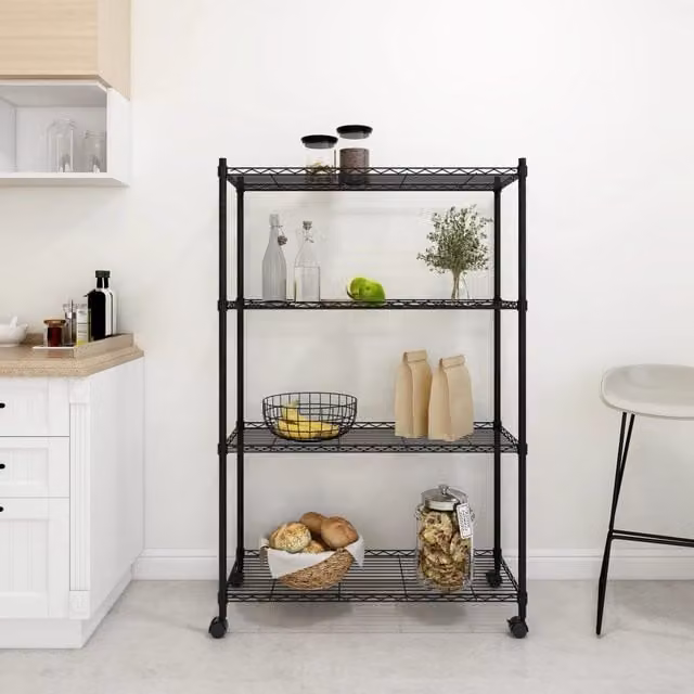 Berkfield Home 4-Tier Metal Storage Shelf with Wheels, Black, W/D/H: 90 x 35 x 142 cm