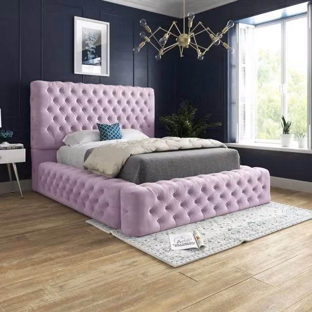 Casani Grand Milan Pleated Upholstered Velvet Bed Frame, Pink, W/D/H: 200 x 200 cm