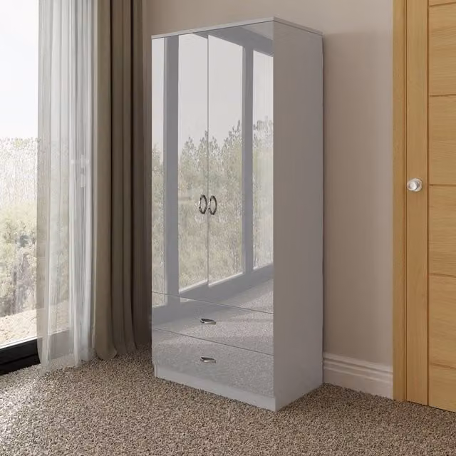 FWStyle Modern High Gloss Grey Combination Wardrobe with Hinged Doors, Drawers and Mirror