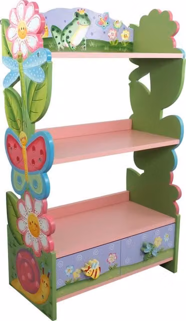 Teamson Kids Fantasy Fields Magic Garden 3-Tier Pink Wooden Bookcase and Storage Drawers with Floral Design