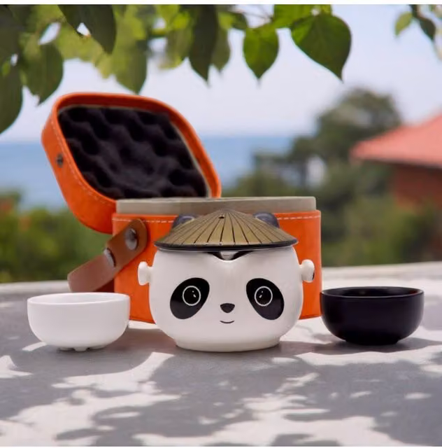 KDMD Kung Fu Panda Ceramic Teapot Set with 2 Cups, Infuser and Travel Case in Gold, Orange and White