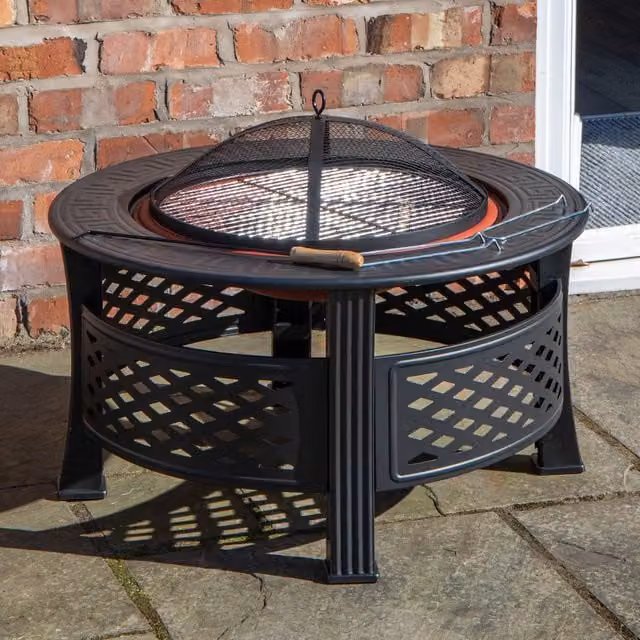 Samuel Alexander Black Steel Garden Fire Bowl with Cover, W: 80 cm, D: 58 cm