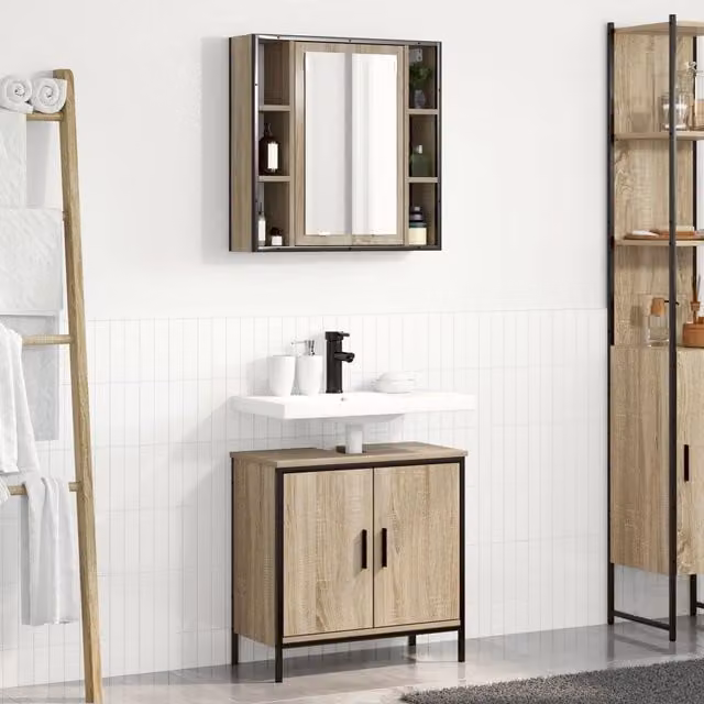 Berkfield Home 2 Piece Modern Bathroom Furniture Set in Sonoma Oak and Cream featuring a Vanity Unit and Mirror Cabinet