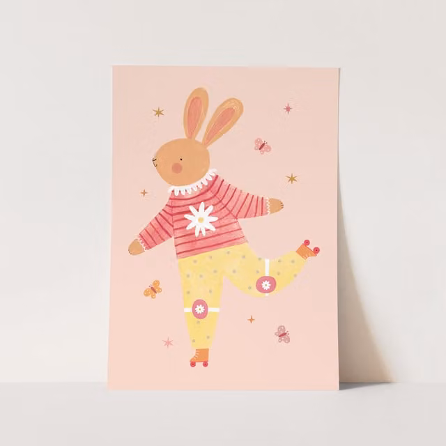 Kid of the Village Rollin' Rabbit Fine Art Paper Print, Pink, White and Yellow, W: 50 cm, H: 70 cm