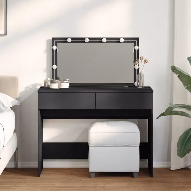 Berkfield Home Modern Black Dressing Table with Hollywood LED Mirror W/D/H: 100 x 40 x 120 cm