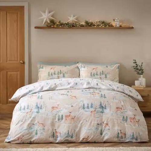 Catherine Lansfield Christmas Deer Reversible Cotton Flannelette Duvet Cover and Pillowcase Set in Natural