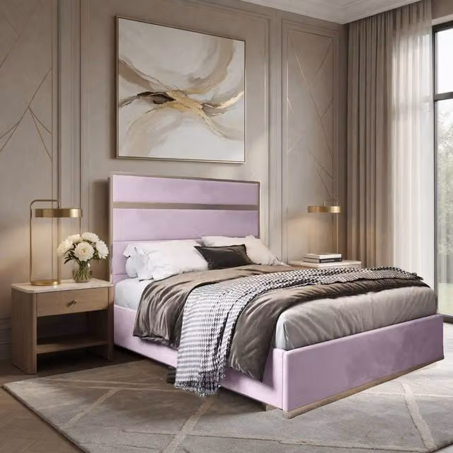 Casani Flookburgh Upholstered Velvet Designer Bed Frame in Pink, W/D/H: 120 x 137 x 128 cm