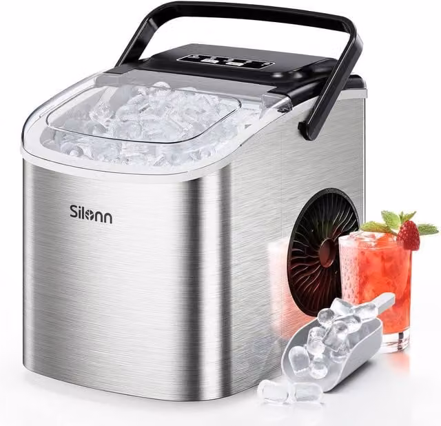 Silonn Countertop Ice Maker Machine in Silver Stainless Steel with Self-Cleaning Function