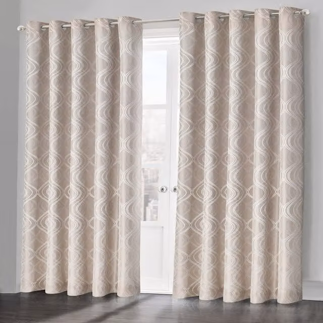 Velosso Modern Graphic Jacquard Eyelet Curtain Pair in Beige and Yellow