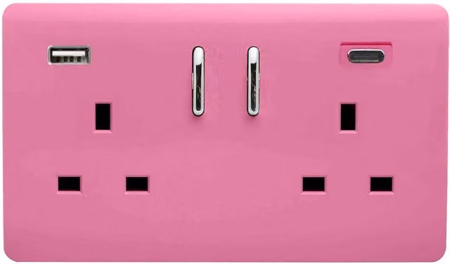 Trendi 2 Gang 13 Amp USB Switched Plug Socket with Type A and C Ports, Pink