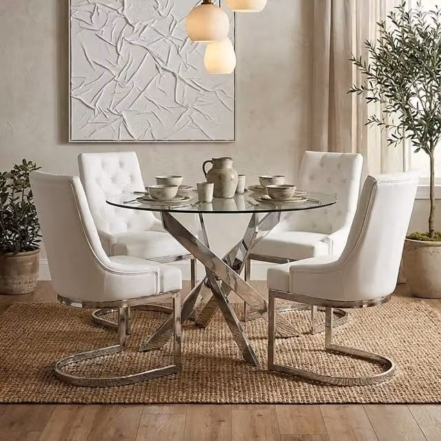 Interiors by Premier Orsina Round Glass Dining Table with Chrome X-Frame Legs, Transparent and Silver