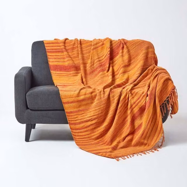 Homescapes Woven Cotton Chenille Boho Throw in Orange, Beige and Green, 240 cm