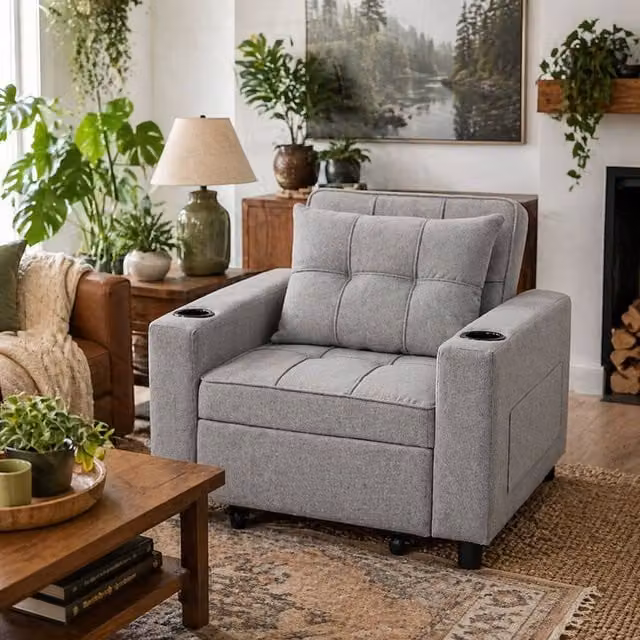 Wyld Haus Soliri 3 in 1 Convertible Single Sofa Bed in Light Grey with Tufted Cushion