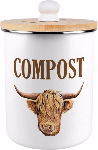 Purely Home Highland Cow Metal Compost Caddy with Flip Lid, 2L, Brown and White