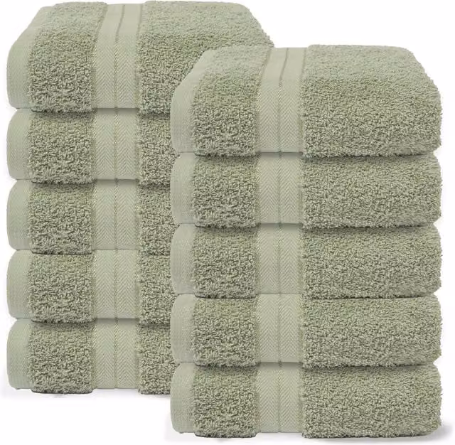 OHS 10 Pack of Fluffy 100% Cotton Bathroom Hand Towels in Pale Green