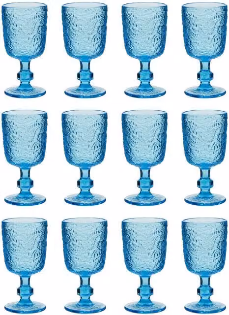 Dibor Set of 12 Blue Glass Wine Goblets, 300ml per glass