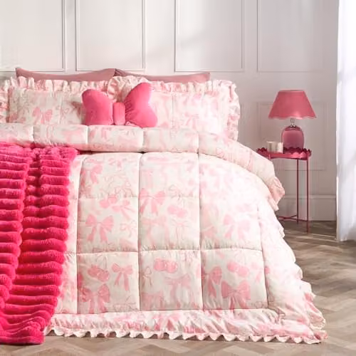 OHS Pink Bow Print Coverless Double Duvet Set with Pillowcases, 7.5 Tog, Reversible Microfibre W/D/H: 200 x 200 x 200 cm