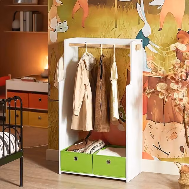 SoBuy Mobile Kids Wardrobe with Wooden Rail and Fabric Bins in White and Green, W/D/H: 60.0 x 110.0 x 40.0 cm