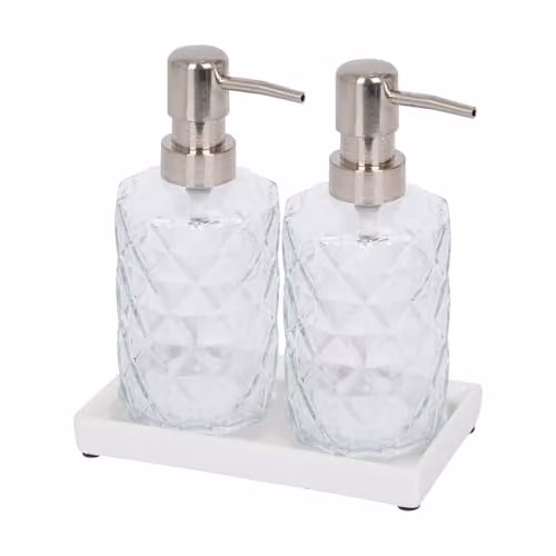 Harbour Housewares 2 Piece Prism Glass Soap Dispenser Set with Ceramic Tray, 330ml, Transparent