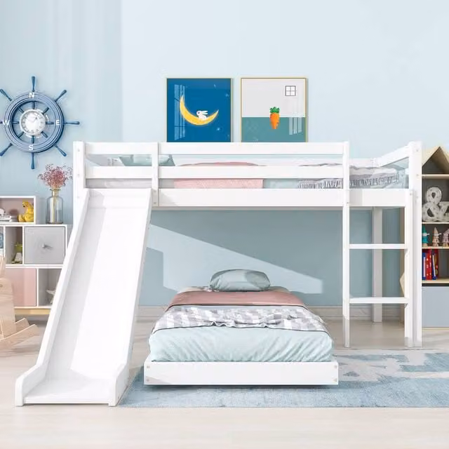 Rolipo White Kids Bunk Bed with Slide and Adjustable Cabin Bed Frame in Solid Wood
