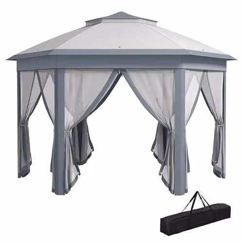Outsunny Grey Hexagon Pop Up Garden Gazebo with Metal Frame, W: 3.4 m, D: 4.05 m, H: 2.85 m