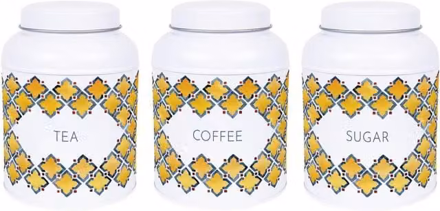 Purely Home Portuguese Tile Floral Tea, Coffee and Sugar Canister Set in Gold and White Metal